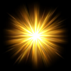 Yellow sun rays. Glowing light effect, radial golden rays and warm overlay vector background