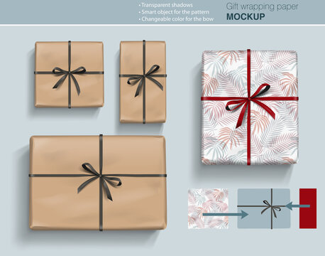 Vector Gift Paper Box Mock Up With Bow On Light Background With Transparent Shadows. Wrapping Paper  Template For Your Design. 