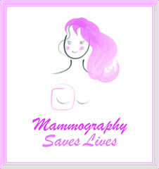 Breast cancer prevention watercolour vector banner, icon. Mammography saving woman life. Increasing breast awareness. Healthcare poster a girl with nude breast. Women's screening, self diagnostic.	