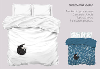 Vector blank white bed mock up for your design and fabric textures. Pillows and blanket with transparent shadows. Gray cat slipping on the bed. View from the top