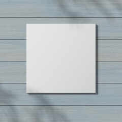 One white square on wood textured wall. 3D render. White square mock up. Empty interior. 3D illustrations. 3D design interior. Template for business. Shadow on the wall. Empty blank.	
