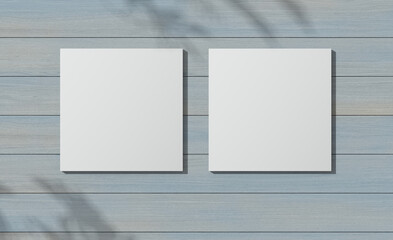 Two white squares on wood textured wall. 3D render. White square mock up. Empty interior. 3D illustrations. 3D design interior. Template for business. Shadow on the wall. Empty blank.	
