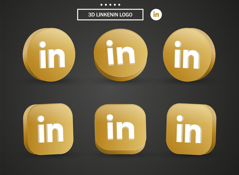 3d linkedin logo in modern golden circle, square for popular social media icons buttons - linkedin 3d icon in round ellipse square- linkedin Circle gold Button Icon 3D frame- editorial network logos	
