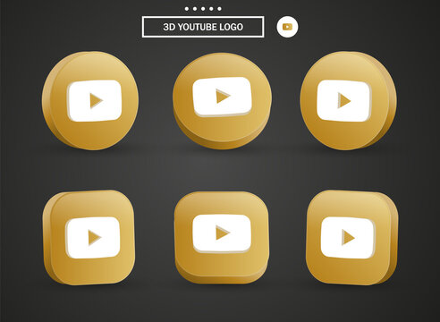 3d youtube logo in modern golden circle, square for popular social media icons buttons - youtube 3d icon in round ellipse square- youtube Circle gold Button Icon 3D frame- editorial network logos	
