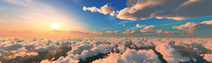 Sunrise over the clouds. Sunset over the clouds. The sun in the clouds. Panorama of clouds. 3d rendering.