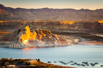 Scenic view on Glen Canyon and Powell Lake at sunset hours near the City of Page, Arizona, USA.