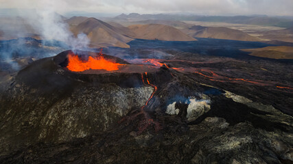 Impressive aerial view of the exploding red lava from the Active Volcano in Iceland