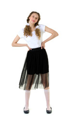 Pretty teen girl posing in modern fashion outfit