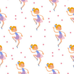 Seamless pattern with cartoon cute ballerinas in a pink dress on a white background. Children's drawing hand-drawn with girls in the style of Scandinavian minimalism. Vector illustration for kids