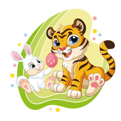 Cute cartoon vector tiger with Easter bunny