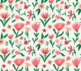 Cute flowers with leaves seamless repeat pattern. Hand drawn vector, blooming meadow with various botany plants all over surface print. 