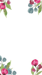 Frame from a hand-drawn watercolor pink flowers and leaves on a white background. Use for menus, invitations.