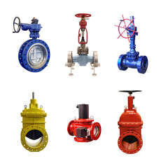 six valves of various designs with automatic and manual control for a gas pipeline on a white background - 453933535