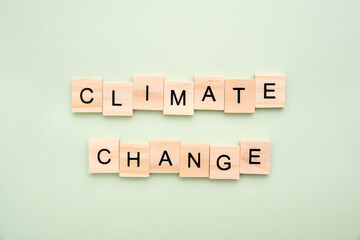 Phrase 'climate change' on wooden blocks on green background