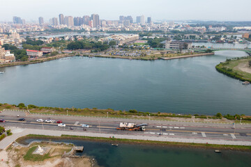 Fototapeta premium 台湾の台南市の田園風景をドローンで撮影した空撮写真 An aerial drone shot of the countryside in Tainan, Taiwan. 