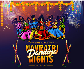 Illustration of couple playing Garba and Dandiya in Navratri Celebration and disco,  Gujarati Garba Night poster for Navratri Dussehra festival of India