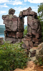 Devils Doorway rock formation overlooking Devils Lake.  Devils Lake state park, Wisconsin.