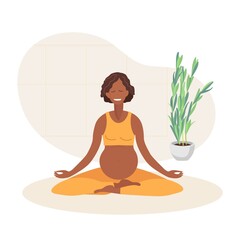 Obraz na płótnie Canvas Pregnant African American woman meditates in lotus position. Woman in sportswear does yoga at home. Lady happy and enjoys pregnancy. Women healthy life style and health care concept