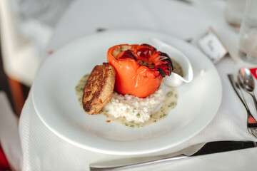 Delicious dinner dish on a plate at a restaurant