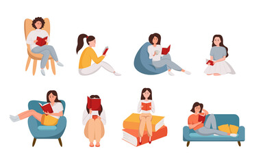 Girls reading a books in different poses