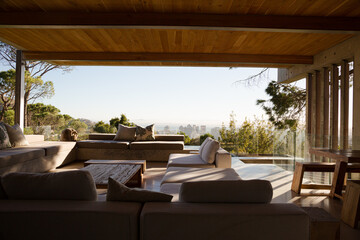 Sofas and coffee table on modern balcony