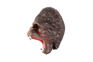 Toy gorilla head with open mouth in profile isolated on white background