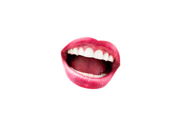 Open female mouth with red lips and white teeth painted with lipstick, isolated on white - obrazy, fototapety, plakaty