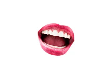 Fotobehang Open female mouth with red lips and white teeth painted with lipstick, isolated on white © Maria