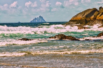 This is a beach view of the Skellig island on the west coast of Ireland which was used for scenes...