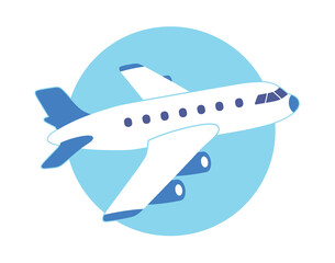 White jet airplane in blue sky fly up taking off vector illustration, cartoon icon flat design.