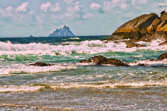 This is a beach view of the Skellig island on the west coast of Ireland which was used for scenes in the star wars movies. 