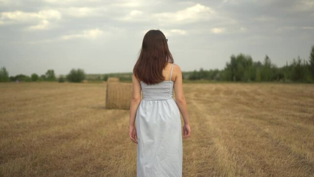 A young woman walks in a field with haystacks. Girl with glasses and a blue dress. Back view.