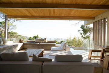 Sofas and coffee table on modern balcony