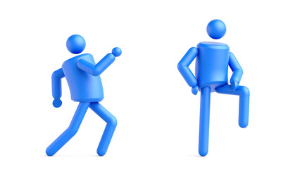 3d render, abstract geometric human character posing, simple clip art isolated on white background. Man symbol demonstrates actions: walking and standing