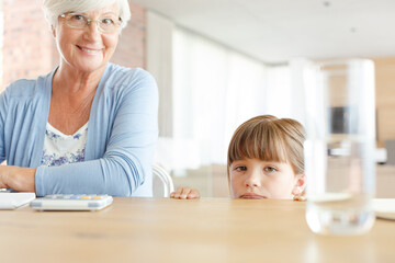 Obraz na płótnie Canvas Older woman and granddaughter using calculator