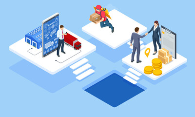 Global logistics network isometric illustration. Isometric Logistics and Delivery concept. Delivery home and office. City logistics. Warehouse, truck, forklift, courier. On-time delivery