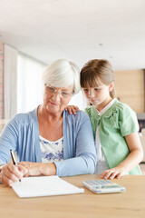 Older woman and granddaughter using calculator