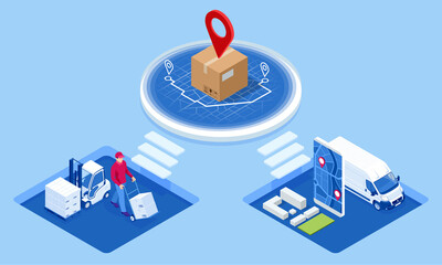 Global logistics network isometric illustration. Isometric Logistics and Delivery concept. Delivery home and office. City logistics. Warehouse, truck, forklift, courier. On-time delivery