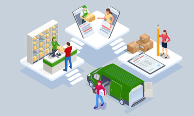 Global logistics network isometric illustration. Isometric Logistics and Delivery concept. Delivery home and office. City logistics. Warehouse, truck, forklift, courier. On-time delivery - obrazy, fototapety, plakaty