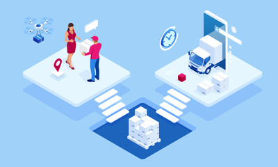 Global logistics network isometric illustration. Isometric Logistics and Delivery concept. Delivery home and office. City logistics. Warehouse, truck, forklift, courier. On-time delivery