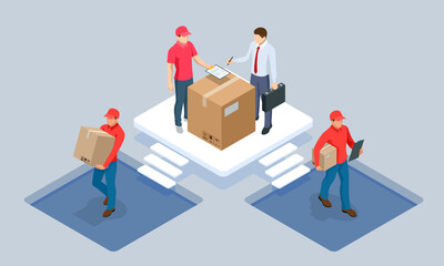 Global logistics network isometric illustration. Isometric Logistics and Delivery concept. Delivery home and office. City logistics. Warehouse, truck, forklift, courier. On-time delivery