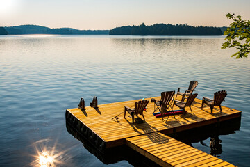 Muskoka or Adirondack chairs sitting on a wooden dock facing lake at sunset - sunrise, long wooden...