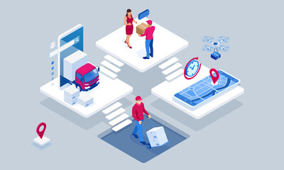 Global logistics network isometric illustration. Isometric Logistics and Delivery concept. Delivery home and office. City logistics. Warehouse, truck, forklift, courier. On-time delivery