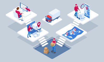 Global logistics network isometric illustration. Isometric Logistics and Delivery concept. Delivery home and office. City logistics. Warehouse, truck, forklift, courier. On-time delivery