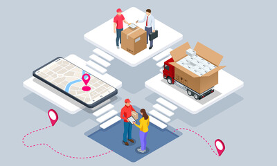 Global logistics network isometric illustration. Isometric Logistics and Delivery concept. Delivery home and office. City logistics. Warehouse, truck, forklift, courier. On-time delivery