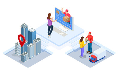 Global logistics network isometric illustration. Isometric Logistics and Delivery concept. Delivery home and office. City logistics. Warehouse, truck, forklift, courier. On-time delivery