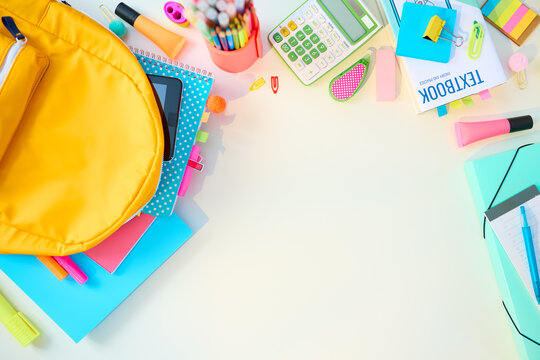 Upper view of white desk at school child room in sunny day