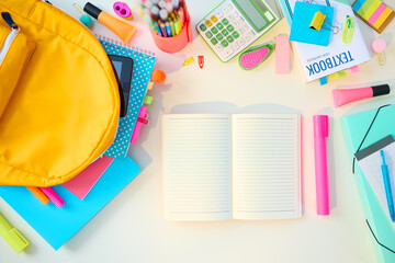 Upper view of white desk at student room in sunny day