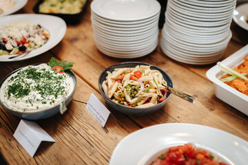 Delicious salads and appetizers at a wedding buffet