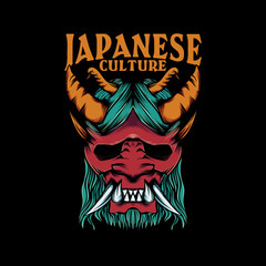 oni mask illustration for t shirt with japanese culture lettering